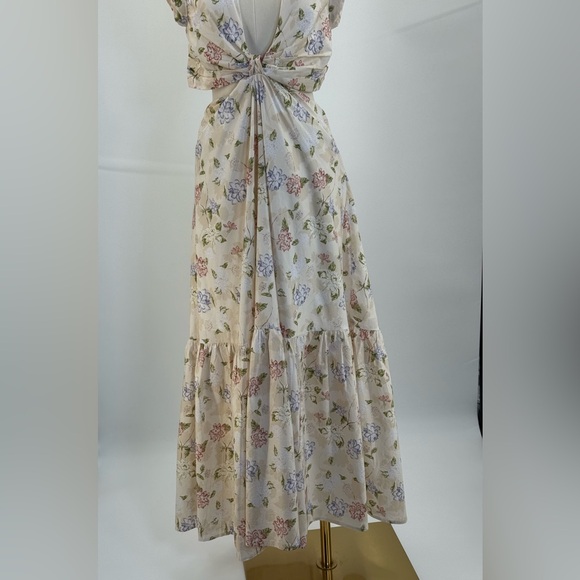 Sofía The Label Floral Cut-Out Maxi Cream Pastel Print Deep V Boho Summer Dress - Picture 8 of 16